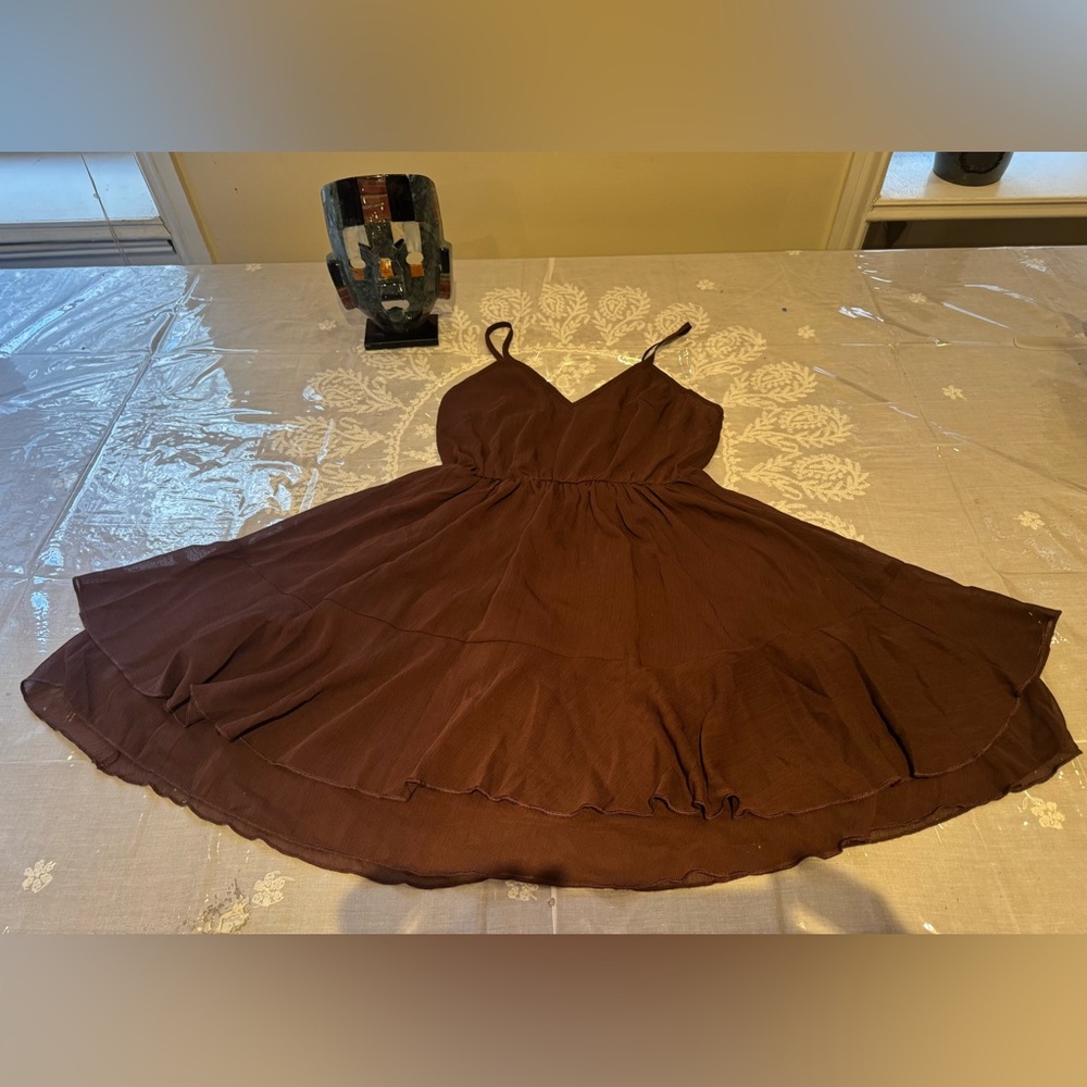 ❤️ Two Piece Elegant Brown Tiered Ruffled Chiffon Mini Dress Set with Liner - Picture 11 of 12